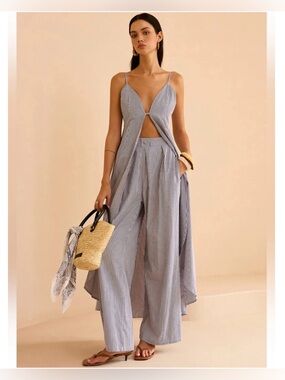 NWT Commense Striped Wide-Leg Pant & Tunic Set, Medium